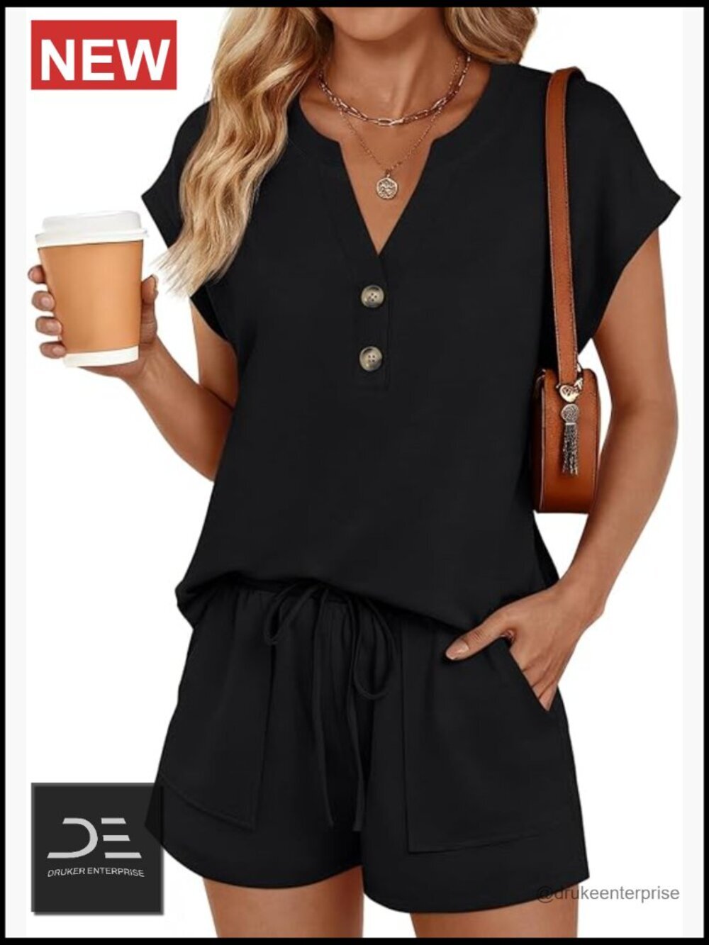 2 Piece Henley Top & Drawstring Shorts Set with Pockets